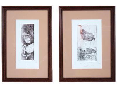 MODERN CROATIAN DRYPOINT ETCHINGS CHIMPANZEE AND BIRD. Two modern Croatian drypoint etchings 