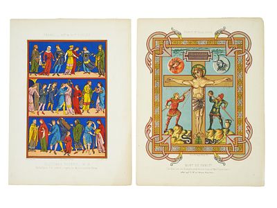ANTIQUE FRENCH CHROMOLITHOGRAPHS BY HANGARD MAUGE. A pair of antique mid-19th century French 