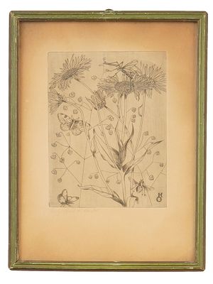 MID CENTURY BOTANICAL ETCHING SIGNED KAUDEL. Etching on paper. European, presumably German 