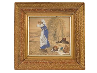ANTIQUE FRENCH HARVEST SCENE COLORED LITHOGRAPH. Hand-colored lithograph on paper. After a late 