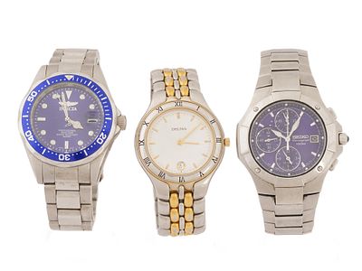 ЛОТ НАРУЧНЫХ ВОДОНЕПРОНИЦАЕМЫХ ЧАСОВ SEIKO DELMA INVICTA. Коллекция из трех водонепроницаемых 