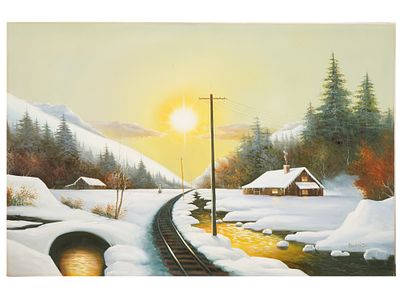 ПОДПИСАННЫЙ ХАРРИСОМ ЗИМНИЙ ПЕЙЗАЖ, МАСЛО. Картина маслом на холсте изображает безмятежный 