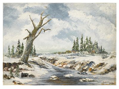 ЗИМНИЙ ПЕЙЗАЖ, МАСЛО, ПОДПИСАННЫЙ ЮРО. Картина маслом на холсте изображает безмятежный зимний 