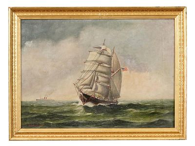 АНТИКВАРНАЯ МОРСКАЯ ПЕЙЗАЖНАЯ КАРТИНА МАСЛОМ, ПОДПИСАННАЯ ЭЛЛИСОМ. Антикварная картина маслом на 
