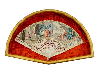 АНТИКВАРНЫЙ ЕВРОПЕЙСКИЙ ВЕЕР РУЧНОЙ РАСПИСИ В РАМЕ. Антикварный европейский складной веер ручной 