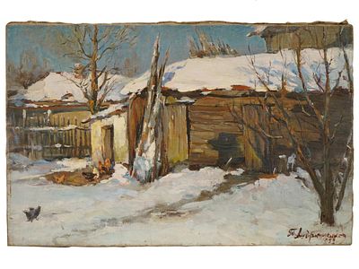 ЗИМНИЙ ПЕЙЗАЖ ТИМОФЕЯ АНДРЮЩЕНКО, МАСЛО. Тимофей Андрющенко, русский художник, 1915–1997 гг. 