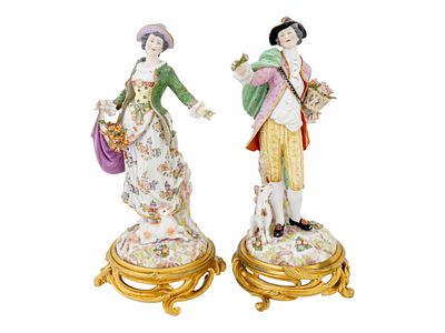 ПАРА АНТИКВАРНЫХ НЕМЕЦКИХ ФАРФОРОВЫХ ФИГУРОК MEISSEN. Пара антикварных немецких фарфоровых 