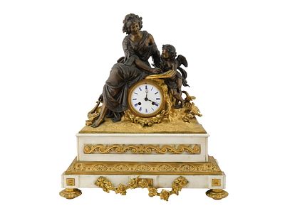 ФРАНЦУЗСКИЕ ЧАСЫ ИЗ БРОНЗЫ И МРАМОРА С МАЯТНИКОВЫМ МЕХАНИЗМОМ, 19 ВЕК. Французские позолоченные 