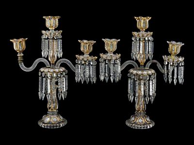 АНТИКВАРНЫЕ ФРАНЦУЗСКИЕ ТРЕХРОЖКОВЫЕ КАНДЕЛЯБРЫ BACCARAT. Пара антикварных трехрожковых 