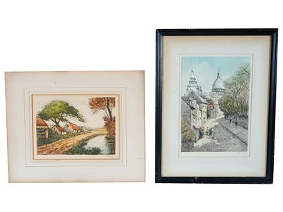 EUROPEAN HAND COLORED LITHOGRAPHS W SIGNED. A lot of two European hand colored lithographs. 