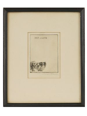 ETCHING OF PEKINGESE SIGNED MAX POLLAK. An etching on paper signed Max Pollak, features a 