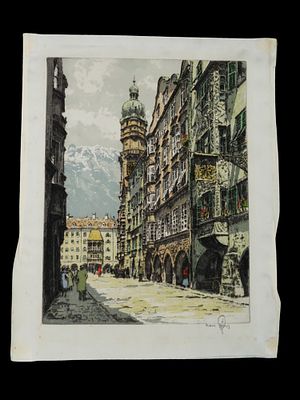 HANS FIGURA AUSTRIAN CITYSCAPE AQUATINT SILK ETCHING. Hans Figura, Austrian, 1898 to 1978, color 