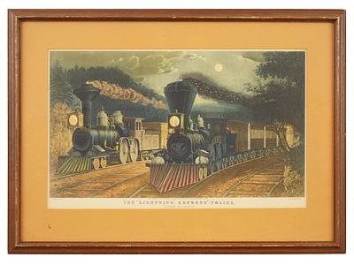 AMERICAN CURRIER IVES RAILROAD LITHOGRAPH FRAMED. A lithograph on paper, The Lightning Express 