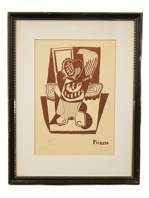 VINTAGE SURREAL WOODBLOCK PRINT SIGNED PICASSO. A vintage surreal woodblock print signed Picasso 