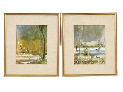 VINTAGE PRINTS ON FABRIC LANDSCAPE WITH GEESE. A pair of matching color prints on fabric, lake 