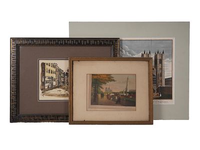 THREE VINTAGE COLORED CITYSCAPE LITHOGRAPHS. A lot of three vintage colored lithographs. The lot 