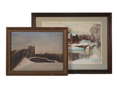 WINTER LANDSCAPE PAINTING AND COLORED LITHOGRAPH. Two winter landscape artworks, including one 