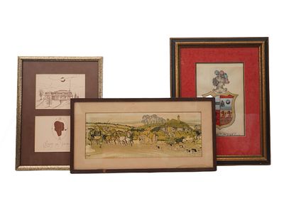 GROUP OF FRAMED WORKS LITHOGRAPH ENGRAVING PAINTING. A group of framed works on paper, including 