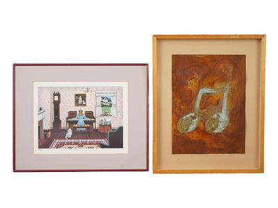 AMERICAN PAINTING AND PRINT SIGNED STEVEN KLEIN. Two artworks by American naive-style painter 