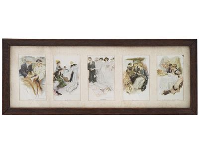 GREATEST MOMENTS IN GIRL LIFE HARRISON FISHER POSTCARDS. A set of five antique postcards titled 
