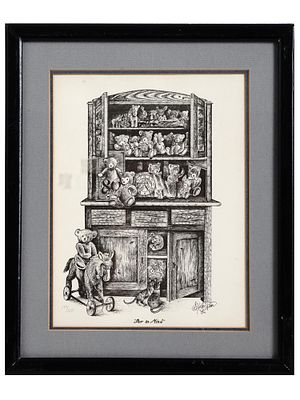FRAMED GERMAN PRINT BEARS BY SUSANNE HESLER UPHAM. A black and white print by Susanne 