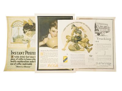 LOT OF FOUR ANTIQUE AMERICAN ADVERTISING PAGES. A lot of four antique color and monochrome 