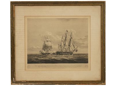 NICHOLAS POCOCK BRITISH FRIGATE ENGRAVING FRAMED. An engraving, Situation of His Majestys 