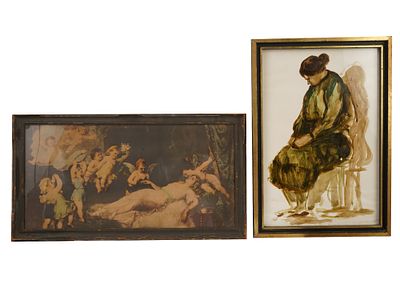 VINTAGE PAINTING AND LITHOGRAPH AFTER FRANZ LEFLER. A lot of two vintage artworks on paper. 