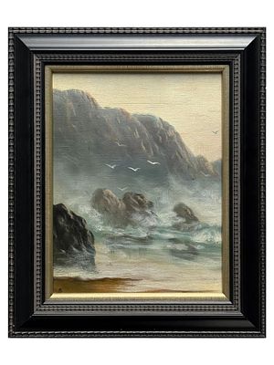 AMERICAN LANDSCAPE OIL PAINTING. Oil painting on board depicting a coastal landscape. Signed 