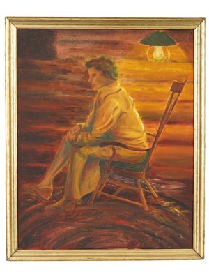 MODERNIST INTERIOR PORTRAIT OIL PAINTING FRAMED. A Modernist oil painting on masonite board 