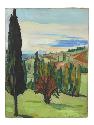 VINTAGE MID CENT OIL LANDSCAPE W CYPRESS PAINTING. A vintage mid century oil on canvas landscape 