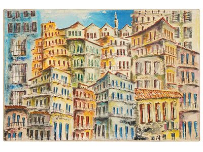 CONTEMPORARY CITYSCAPE OIL PAINTING SIGNED BY ARTIST. A Contemporary oil painting on masonite 