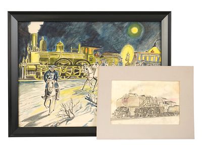 PAIR OF VINTAGE STEAM TRAIN PAINTINGS ON PAPER. A pair of vintage artworks depicting steam 