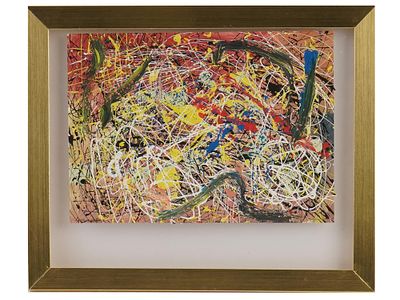 ABSTRACT MIXED MEDIA PAINTING AFTER JACKSON POLLOCK. A mixed media painting on paper depicting 