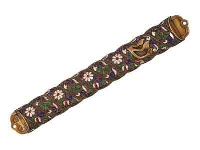 RUSSIAN JUDAICA SILVER ENAMEL MEZUZAH W GEMSTONES. A Russian Judaica gilt silver enamel mezuzah 
