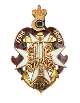 A BADGE OF THE 135TH INFANTRY REGIMENT. A Russian Empire badge of the 135th Infantry 