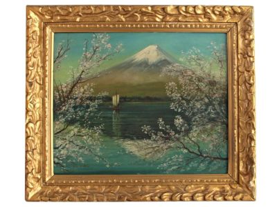 A VINTAGE JAPANESE OIL ON CANVAS PAINTING. An Impressionist painting with a view of Mount Fuji. 