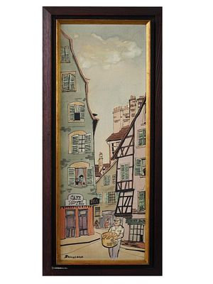 FRENCH CITYSCAPE MIXED MEDIA PAINTING SIGNED. Acrylic and watercolor on canvas painting. Late 
