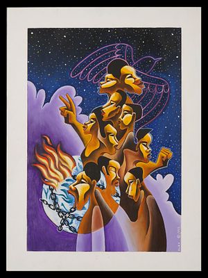 MODERN MIXED MEDIA PAINTING WITH STYLIZED FIGURES. A modern mixed media painting on paper 