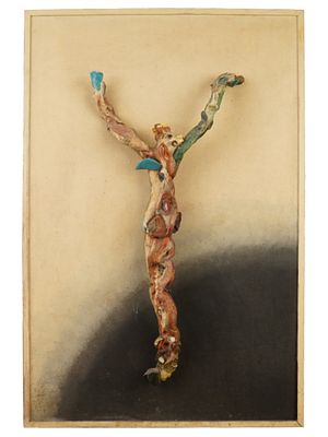 MODERN WOOD COLLAGE BY EUGENE CIUCA CHRIST OF BELFAST. A wood collage titled Christ of Belfast 