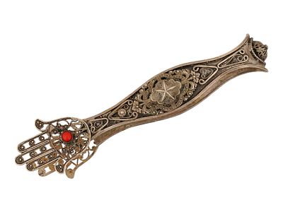 JUDAICA FILIGREE SILVER HAMSA SUGAR TONGS W RED STONES. Judaica sugar tongs, crafted from silver 