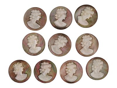 COLLECTION OF HAND CARVED SHELL CAMEO MEDALLIONS. A collection of vintage hand carved cameo 