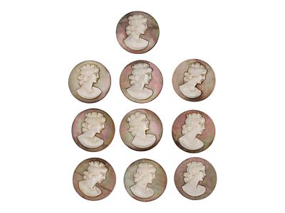COLLECTION OF FEMALE PORTRAIT CARVED SHELL CAMEOS. A collection of hand carved shell cameos. A 