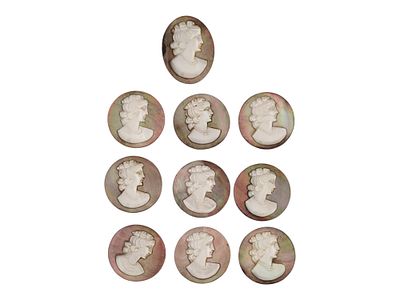 COLLECTION OF FEMALE PORTRAIT CARVED SHELL CAMEOS. A collection of hand carved shell cameos. A 