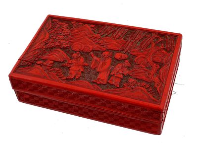ANTIQUE CHINESE QING DYNASTY CINNABAR LIDDED BOX. An antique Chinese Qing dynasty red cinnabar 