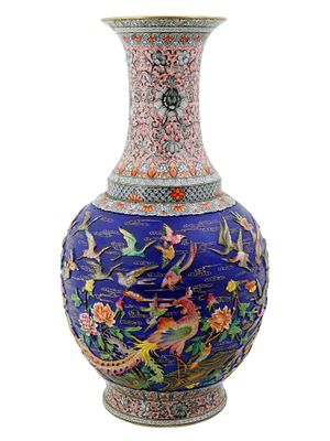 VINTAGE CHINESE CLOISONNE ENAMEL VASE WITH RELIEF DECOR. A vintage Chinese high-relief cloisonne 