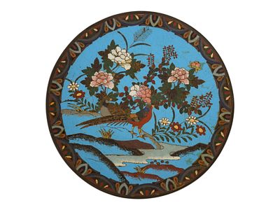 JAPANESE POLYCHROME DESIGN CLOISONNE ENAMEL PLATE. A Japanese decorative enamel over copper 