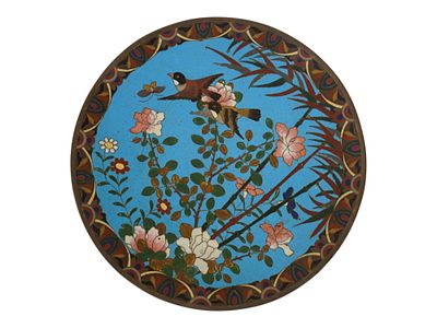 JAPANESE POLYCHROME DESIGN CLOISONNE ENAMEL PLATE. A Japanese decorative enamel over copper 