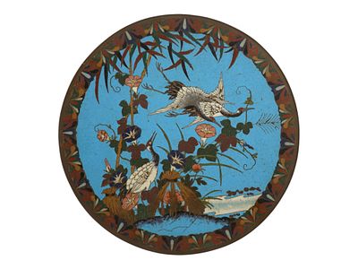 JAPANESE POLYCHROME DESIGN CLOISONNE ENAMEL PLATE. A Japanese decorative enamel over copper 