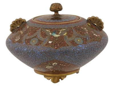 ANTIQUE JAPANESE MEIJI ENAMEL LIDDED CENSER KORO. An antique Japanese cloisonne enamel lidded 